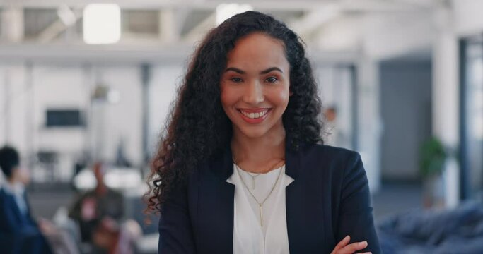 Business, leadership and face of woman in office building with crossed arms for vision, success and goals. Startup, smile and portrait of Brazilian female worker with confident, mindset and mission