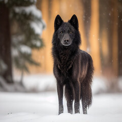 Naklejka premium Black Wolf Standing in the Snow - Wildlife Photography