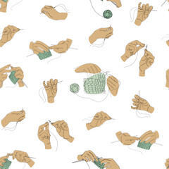 Collection. Human hands knitting and sewing with a needle and thread. Seamless pattern in art nouveau style in one line. Solid line, sketches, posters, murals, stickers, logo. vector illustration