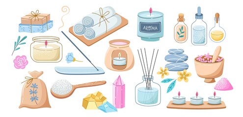 Candles and aromatherapy elements. spa salon objects, relaxing procedures things, herbal, soy, wax and paraffin accessories, vector set