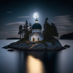 Mosque by a lake with Crescent Moon Background 