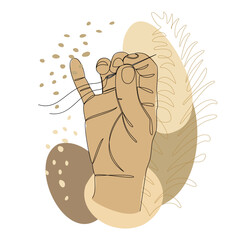 Human hands holding a needle and thread for sewing, in a modern one-line style, and the leaves of a plant. Continuous line drawing, contour for decor, posters, stickers, logo. Vector illustration.