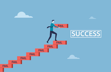 Learn to fail as path to achieve goal concept, Improve from failure build up stair to success, strive businessman build stair to success with his failure