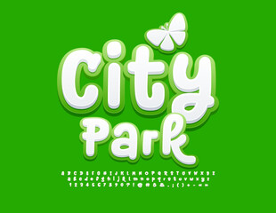 Vector fresh banner City Park with decorative Butterfly. Funny artistic Font. Modern creative Alphabet Letters, Numbers and Symbols set