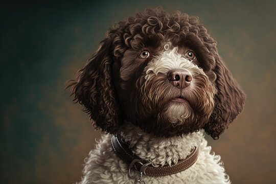 Portrait of a lagotto romagnolo dog. Photographed in a studio. Italian water dog and truffle dog are some names for the puppy dog. Generative AI