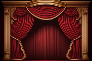 Magic theater stage red curtains Show Spotlight Red and black curtain and round stage in the dark glittering and sparkling stars Generative AI