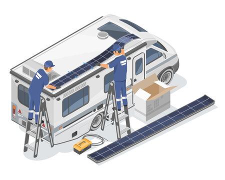 RV Recreational vehicle Flexible Solar Panels Film install service on Roof Technician installation service illustration isometric isolated vector 
