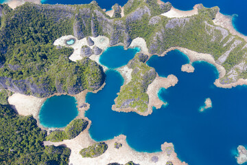 Beautiful limestone islands rise from the Raja Ampat, Indonesia, seascape. These islands are ancient, uplifted reefs now surrounded by young, fringing coral reefs.
