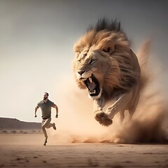Lion jumping on hunter