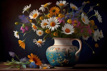 Chamomile And Other Colorful Flowers In Vase Generative AI