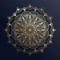 Hand drawn gold ornament mandala with floral elements on dark blue background. Decorative golden gradient pattern. Beautiful vintage ornament. Ethnic mosaic oriental vector outline sketch illustration