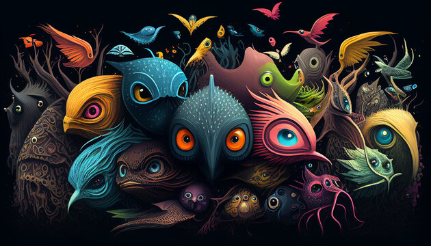 generative AI Colorful and creepy creatures illustration background