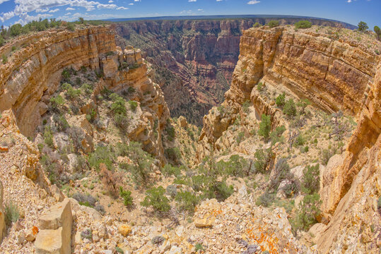 Fisheye view of a deep chasm near Papago Point at Grand Canyon with Zuni Point in the distance, Grand Canyon National Park, UNESCO World Heritage Site, Arizona, United States of America, North America
