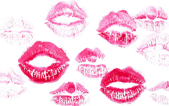 Red lipstick kisses isolated on white background