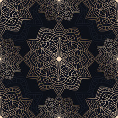 Abstract seamless pattern of gold luxury mandala with floral elements. Decorative vintage golden ornament. Ethnic mosaic oriental vector illustration for design wallpaper, wrapping paper, fabric