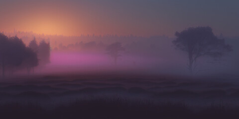 Early morning Fog. Twilight Golden Hour Landscape. Foggy. Trees. Generative AI.