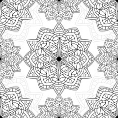 Obraz premium Abstract seamless pattern of mandala with floral elements. Decorative vintage black ornament on white background. Ethnic mosaic oriental vector illustration for wallpaper, wrapping paper, fabric