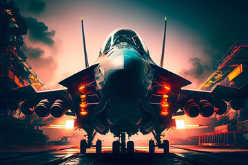 Military fighter aircraft on an aircraft carrier. Generative AI Art. - obrazy, fototapety, plakaty