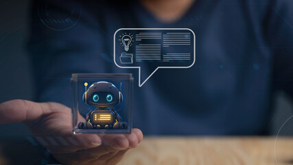 person use chat bot technology smart brain digital robot cyberspace service communication...