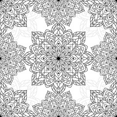 Abstract seamless pattern of mandala with floral elements. Decorative vintage black ornament on white background. Ethnic mosaic oriental vector illustration for wallpaper, wrapping paper, fabric