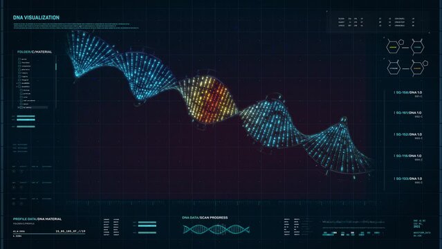 Spiral DNA Cell Research By Innovative Microbiology Scanner System. Spiral Genetic Material Cell Researched In High Tech Interface. Scientific Experiment On Spiral Gene Cell. Human Evolution Research