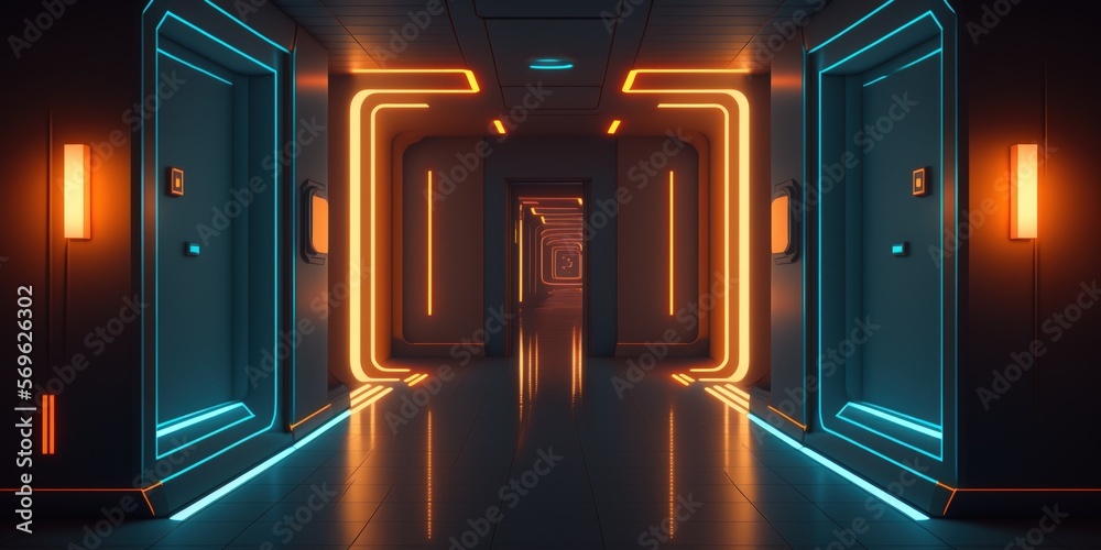 Canvas Prints Sci fi neon lamps glowed in a dim hallway. reflections in the walls and on the ground. The background is blank in the middle. image. futuristic technology background. Generative AI