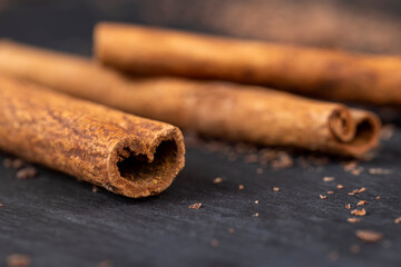 White aromatic cinnamon spices, close up
