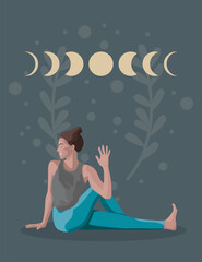 Girl practice asana Marichiasana 3, sitting twist, yoga pose, poster. Faceless style. Vector illustration