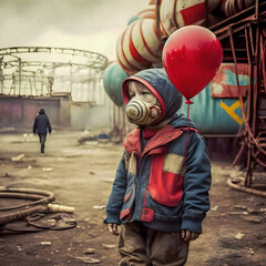 Obraz na płótnie Canvas Child with red balloon after nuclear war, granular texture Generative AI