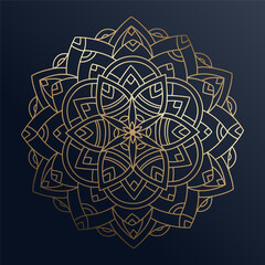 Hand drawn gold ornament mandala with floral elements on dark blue background. Decorative golden gradient pattern. Beautiful vintage ornament. Ethnic mosaic oriental vector outline sketch illustration