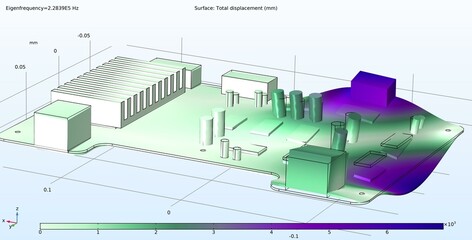 3d illustration. Deformation of the printed circuit board under the influence of vibration. Computer modeling. Vibro analysis.