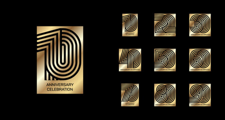 Set 10th anniversary 10 20 30 40 50 60 70 80 90 vector template. Designs for birthday celebrations, golden anniversary logos for greeting cards and invitation cards.