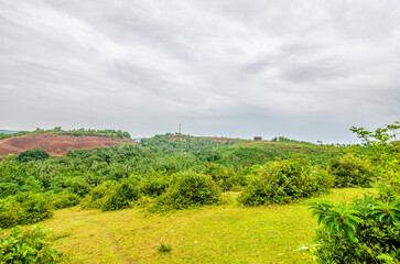 Fototapeta na wymiar Serene view of Sanoor Padav Hills, Mangalore, India during the monsoon season.