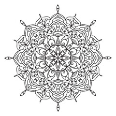 Hand drawn floral mandala. Coloring book page antistress with round flower pattern for adults and children. Beautiful doodle ornament. Vector outline sketch illustration isolated on white background