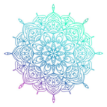 Hand drawn multi color gradient mandala with floral elements. Beautiful vintage colorful doodle ornament. Ethnic mosaic oriental vector outline sketch illustration isolated on white background