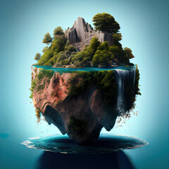 Fantasy magical floating island in the sea with trees and waterfalls. 3d render, ai generated