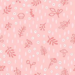 Vector seamless pattern with cute botanical doodles. Hand drawn design for wallpaper, wrapping, stationery, textile.