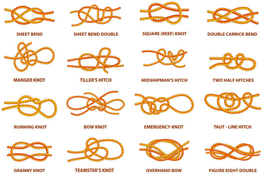 Yellow nautical rope knot, interweaving of ropes, tapes or other flexible linear materials. Twisted tape set isolated. For fast and reliable fastening of any tackle or connection between two cables