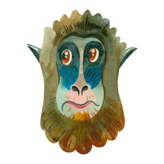 Monkey muzzle. Watercolor drawing, surprised muzzle of a monkey with blue patterns on the face, hand-drawn in watercolor. Suitable for printing on paper, fabric, books, children's.