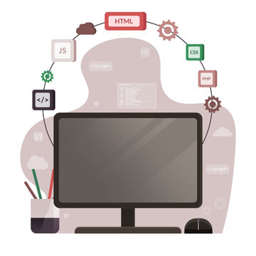 Programming languages design and program code on screen. Software, web development, programming concept. Computer monitor and icons company network . Technology process of information script