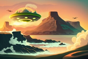 Fototapeta na wymiar Ufo Flying Saucer Close to beach with mist, aerial view drone view from Iceland landscape at sunrise, cliff and sea. Generative AI