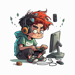 Young Teenager addicted to computer gaming, Cartoon illustration style. Generative AI - obrazy, fototapety, plakaty