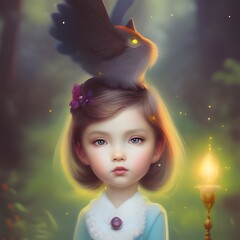 Fantasy land with cute little girl with birds in her hair, in the forest, created with Ai generative tools