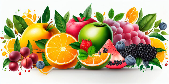 Fruit and berries banner. Watermelon, banana, pineapple, strawberry, orange, mango, grapes on white background. Generative AI