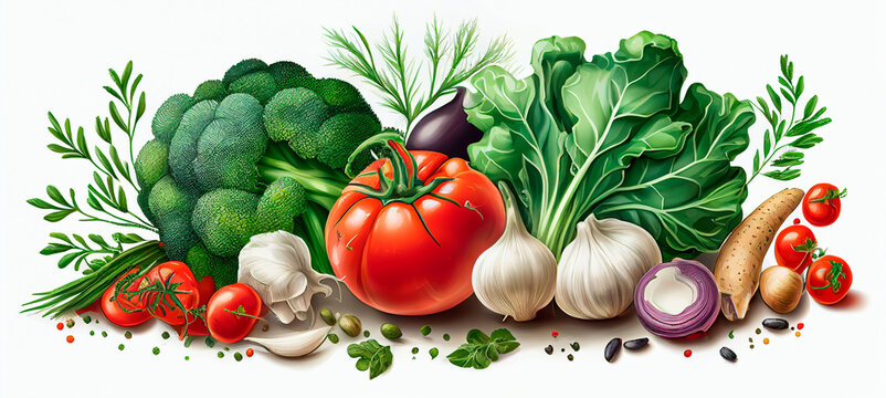 Assorted raw organic vegetables. Acrylic paint style illustration. Vegetables and herbs background or banner. Generative AI