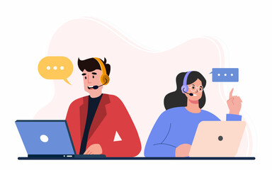 A man and woman from a call center chatting with clients, Customer support concept.