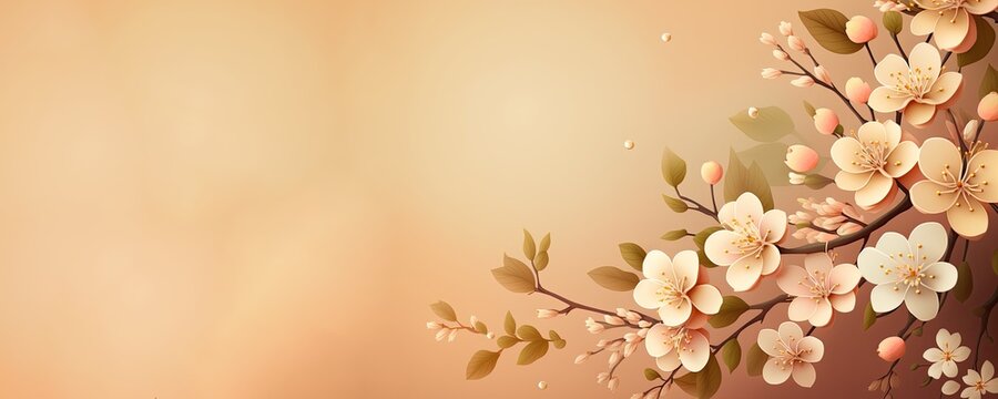 Spring flowers banner label with copy space, peach flowers and background