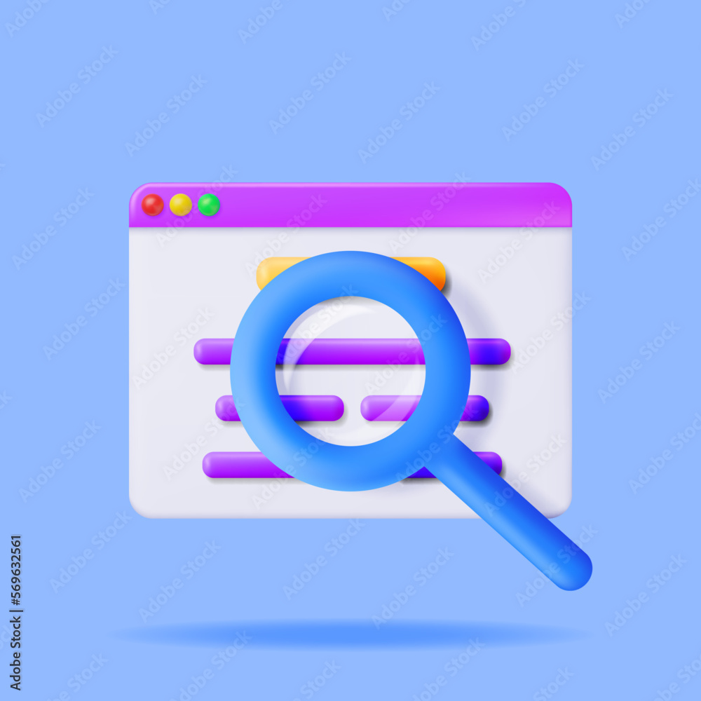 Poster 3d browser window and magnifying glass isolated. render web page gui with zoom lens. browser or oper