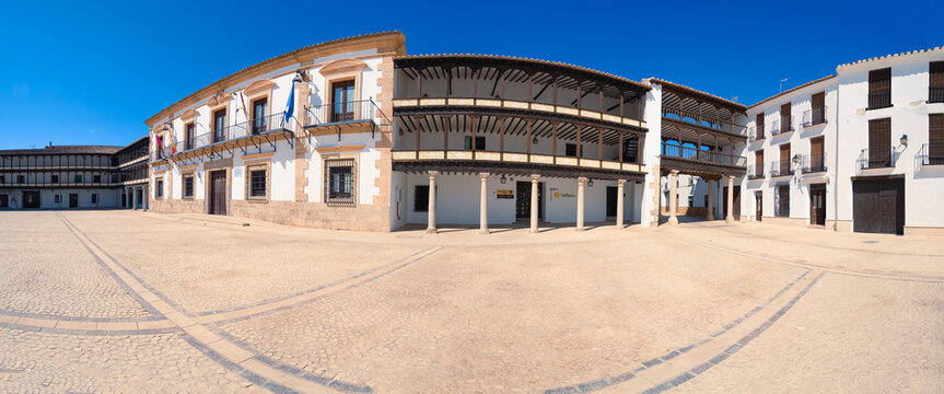 Panoramic of the Plaza de Tembleque in the province of Toledo of the autonomous community of Castilla la Mancha in Spain without people.