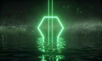 Night cold and calming landscape. Green Glowing neon hexagon and two glowing beams reflecting in water. Starry sky with nebula. Fantastic silent scene. 3D illustration.
